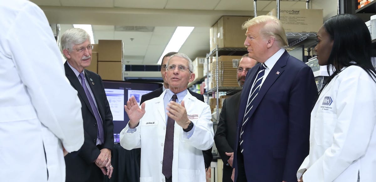 President Donald Trump at NIH on March 3, 2020 with NIH Director Dr. Francis Collins and Dr. Anthony Fauci